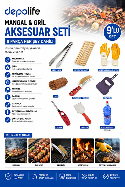 Depolife Mangal Grill için aksesuar Seti Maşa Çıra Eldiven ıspatula Tel Fırça...