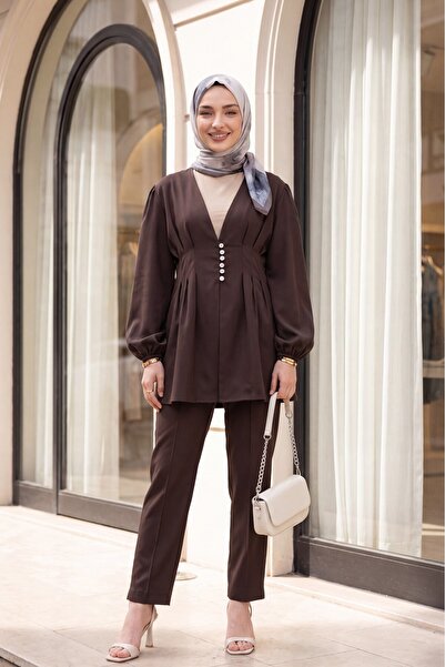 Modamorfo Stoned Buttoned Elastic Sleeve Double Trouser Suit -K. Coffee