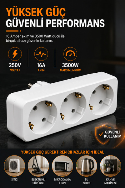 Ecuy Üçlü Golyat Düz Fiş Priz 250V 16A 3500W Güçlü Priz Çoklayıcı Üçlü Fiş Ad...