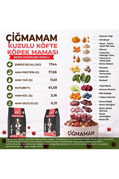 Çiğmamam Barf Kuzu Etli Tahılsız Barf Köpek Maması 10 Kg - 1000 g x 10