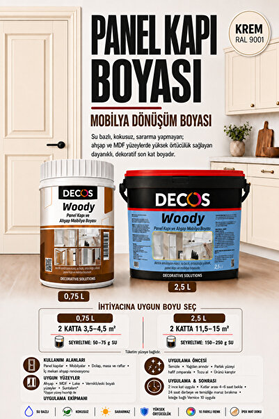 DECOS WOODY - Panel Kapı ve Panel Ahşap Boyası Su Bazlı Kokusuz 8 farklı renk...