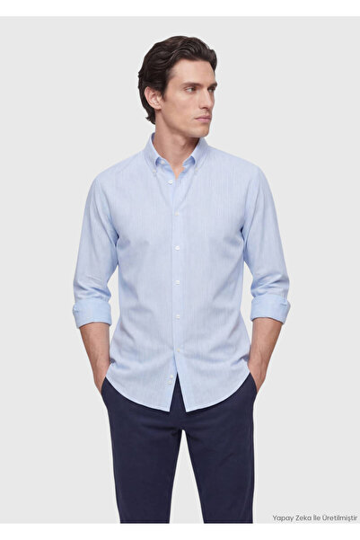 Ramsey Blue Plain Regular Fit Long Woven Casual Silk Blend Shirt