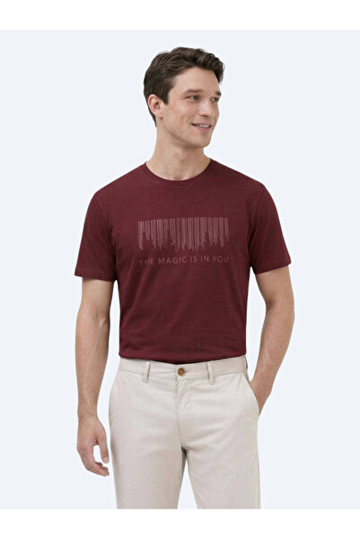 Kip Bordo Baskılı Bisiklet Yaka %100 Pamuk T-Shirt