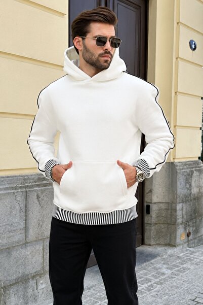 Madmext Ecru Hooded Kangaroo Pocket Men's Sweatshirt E7163