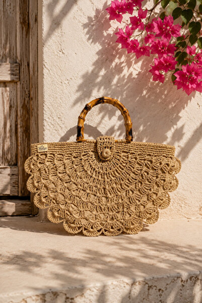Helybag El yapımı Kadın Bej Kağıt İp Örgü Yazlık Çanta Bambu Saplı Plaj ve Gü...