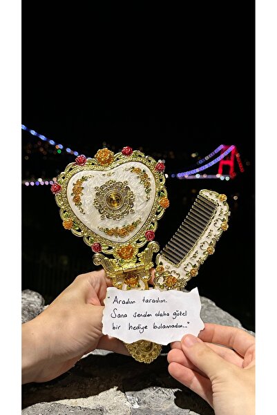 Home Gold Mineli Vintage Çiçekli Kalpli Ayna Tarak Seti-Hediyelik,Çeyizlik