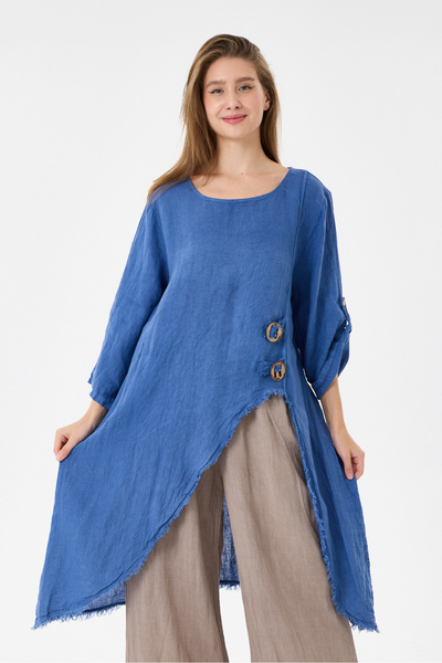 della moor Women's Blue Italian 100% Linen Long Linen Tunic with Deep Side Sl...