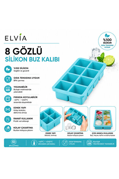 ELVIA SİLİKON 8 Bölmeli Silikon Buz Kalıbı, Büyük XL Boy Küp Buzlar, Kokteyl ...