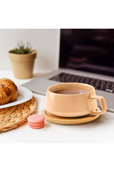 MIAMIO Set 4 cești cappuccino cu farfurie bambus, colecția Luxe, ceramică, bej, 320 ml