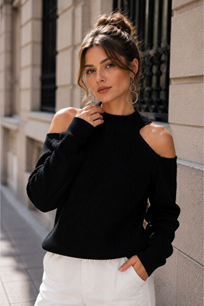 Marvine Women's Black Off-The-Shoulder Knitwear Sweater