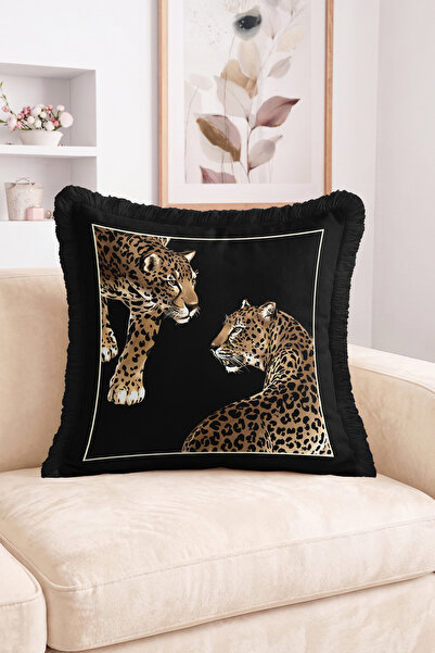 Realhomes Modern Design Fringed Throw Pillow Cover with Interlocking Leopard ...