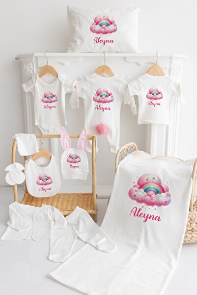 Bebe wini İsme Özel %100 Pamuk Baskılı 11'li Organik Bebek tavşanlı set (MN172)