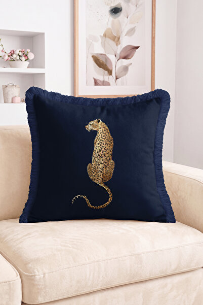 Realhomes Navy Blue Floor Fringed Throw Pillow Cover with Leopard Figure - Mo...