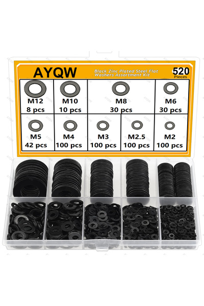 Choice 520pcs 520/900pcs Black Carbon Steel Flat Washer Kit (M2-M12): Durable...