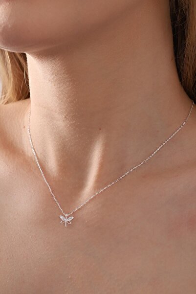 Bilsen Store Tamamı 925 Ayar Gümüş Beyaz Zirkon Taşlı Minimal Yusufçuk Kolye
