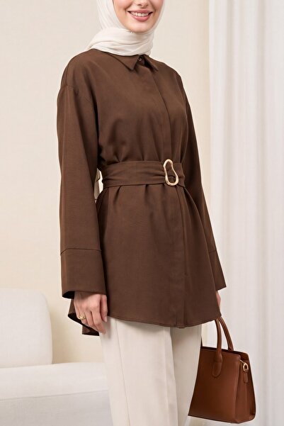 Modamorfo Poplin Tunic with Buckle Belt, Double Cuff Sleeves, and Hidden Butt...