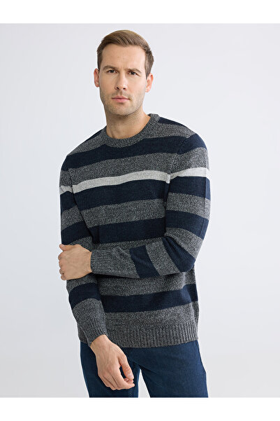 LC Waikiki Lcwaikiki Classic Navy Blue Crew Neck Striped Men's Knitwear Sweater