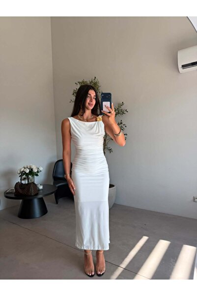 Bade Butik Ekru Drapeli Sırt Dekolteli Elbise