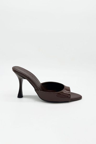 LORENN SHOES Brown Patent Leather Women's Heeled Slippers Pointed Toe Thin Heel Summer Mules - Lily
