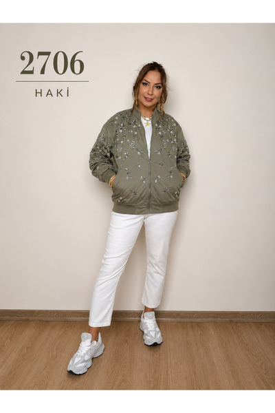 ZZ 2706 Kadın Payet Nakış İşlemeli Fermuarlı Haki Bomber Ceket Mont