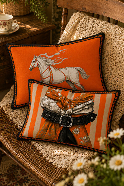 stellahomes Orange Horse and Scarf Patterned Rectangular Decorative Throw Pil...