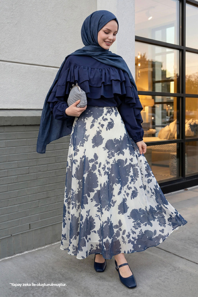 InStyle Ruffle Blouse and Skirt Navy Blue Set