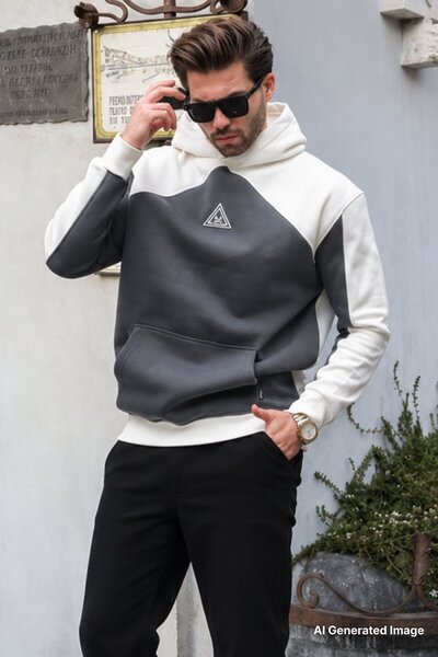 Madmext Ecru Hooded Pocket Detailed Embroidered Sweatshirt E7085
