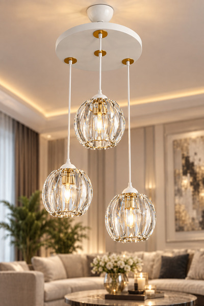 VENON Paris 3 lü Sarkıt Avize Beyaz Taşlı Avize (ORJİNAL KRİSTAL) Salon Mutfa...