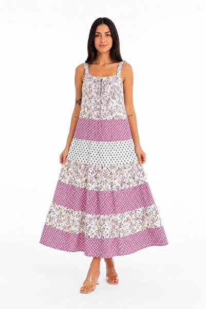 Generic Brand Women's Strappy Floral Patterned Linen Fabric Layered Loose Max...