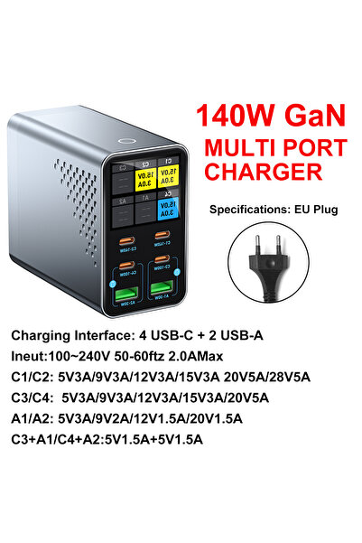 Choice شاحن GaN متعدد المنافذ 6 في 1 بمنفذ USB من النوع C مع شاشة رقمية للشحن...