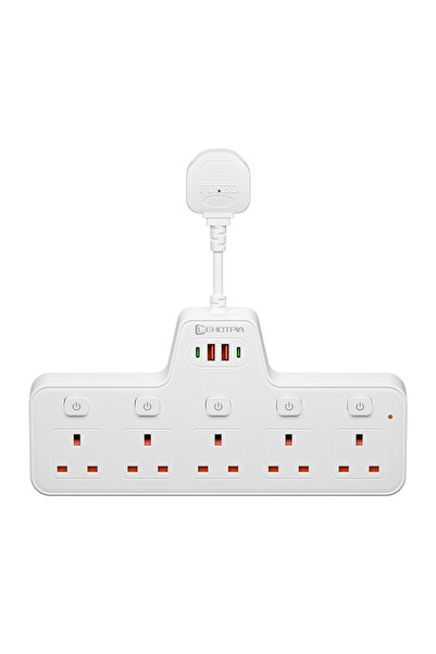 Choice3 قابس بريطاني أبيض مع منفذ USB، شريط طاقة 2500 واط، قابس تيار متردد بر...