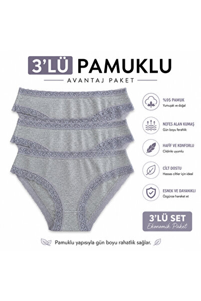 Genel Markalar 3'lü Kadın Pamuklu Dantel Detaylı Nefes Alabilen Yüksek Bel Bi...