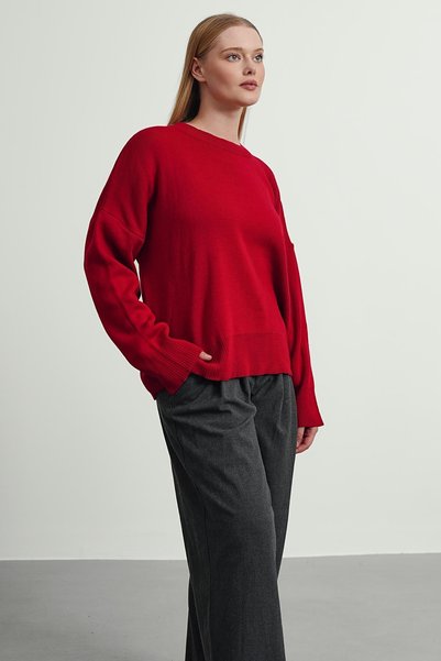 Gülce moda Red Crew Neck Oversize Knitwear Women's Sweater