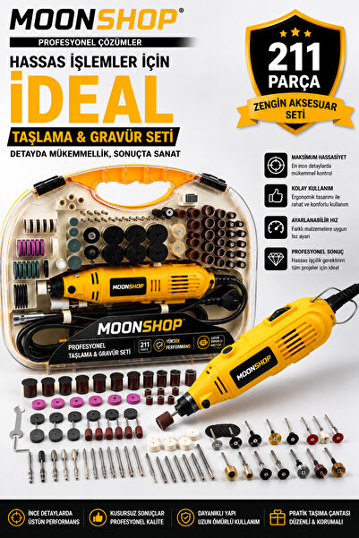 MOONSHOP Pro Seri Gravür Oyma Makinesi Dremel Taşlama Zımpara Kesme Seti 211 ...