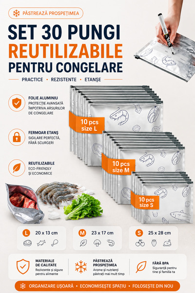 Solvero Set 30 pungi reutilizabile pentru congelare cu fermoar etans, folie a...