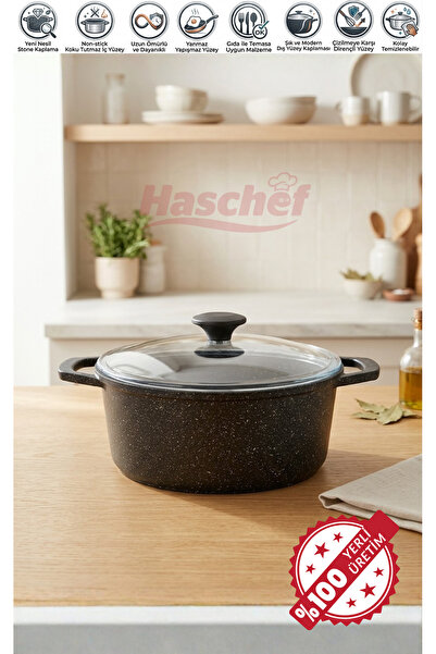 HASCHEF Elmas Döküm Yapışmaz Titanyum Kaplama Derin Tencere 24 Cm