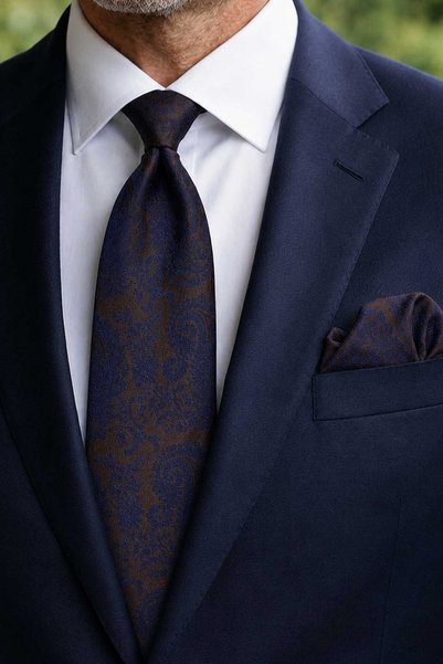 Kravatkolik Classic Tie with Brown Paisley Pattern Handkerchief Kk13121