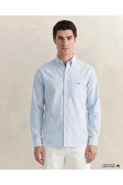 Gant Erkek Mavi Regular Fit Çizgili Logolu Gömlek