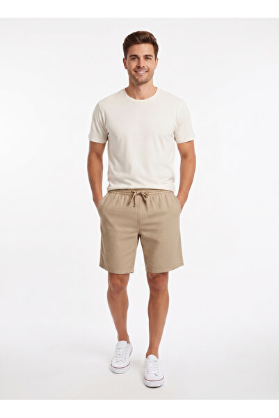 TheSeason Men's Beige Cotton Linen Look Relaxed Shorts with Elastic Waist