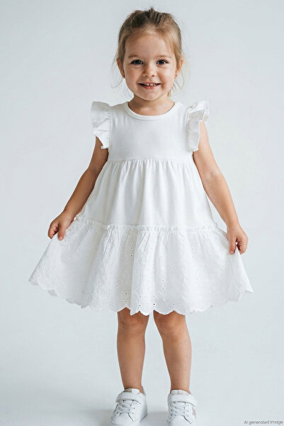 Breeze Girl's Dress with Floral Embroidery and Lace Detail, Ages 3-8, Ecru