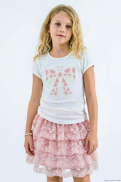Breeze Girl's Skirt Set with Floral Bow Printed Skirt and Layered Floral Embr...