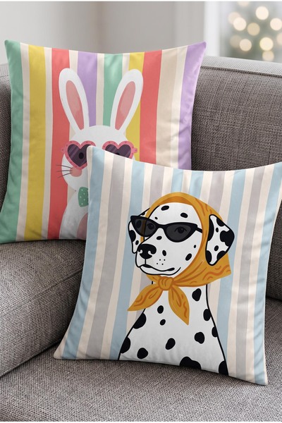Artvibe Vintage Dalmatian Dog and Cute Rabbit Patterned 2-Piece Throw Pillow ...