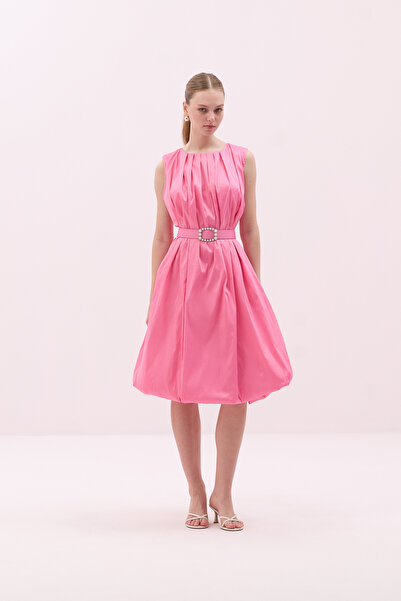Roman Tafta Beli Kemerli Midi Boy Balon Elbise Pembe Y2511525_038