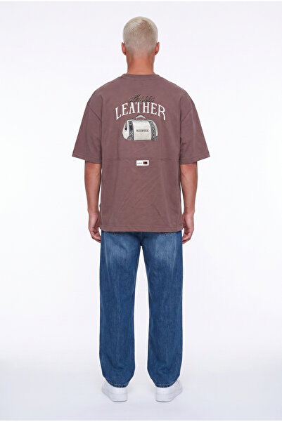 Respire Men's Leather Printed Oversize T-Shirt Brown