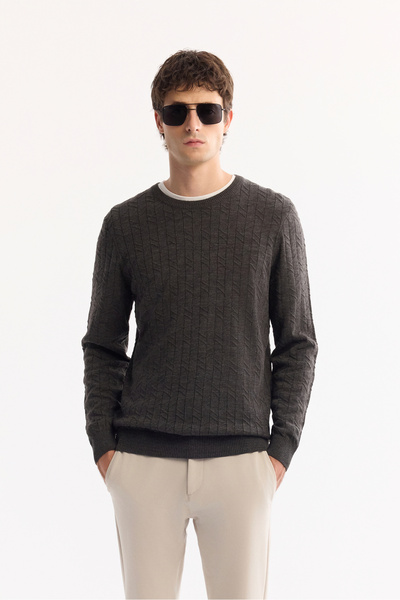 Avva Men's Anthracite Crew Neck 100% Acrylic Textured Knitwear Regular Fit Sw...