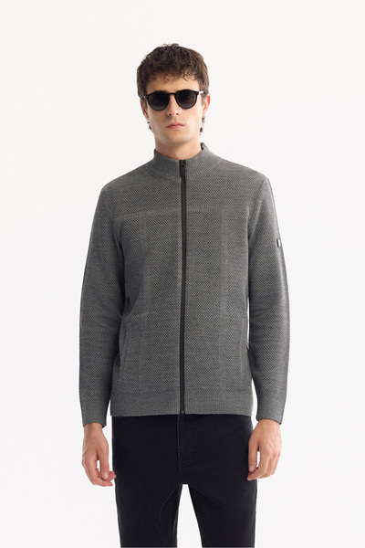 Avva Men's Anthracite Stand Collar Zippered Wool Blend Textured Regular Fit C...