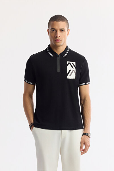 Avva Men's Black Polo Neck Printed 100% Cotton Regular Fit T-Shirt A51Y1167