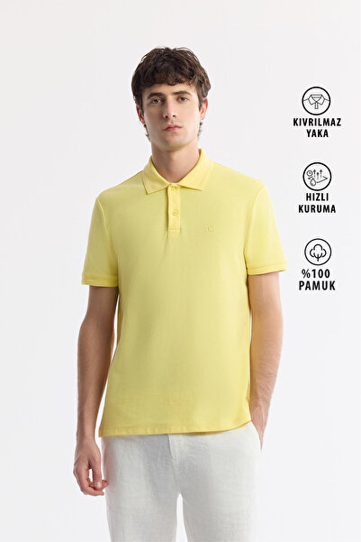 Avva Men's Yellow Non-Curling Polo Collar 100% Cotton Basic Regular Fit T-Shi...