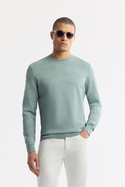Avva Men's Nile Green Crew Neck Textured Rayon Non-Pilling Regular Fit Knitwe...