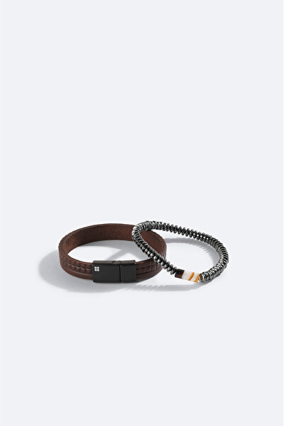 Avva Men's Brown Leather and Hematite Stone Bracelet A42Y9609